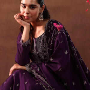 New Arrivals Wine Embroidered Silk Blend Straight Set