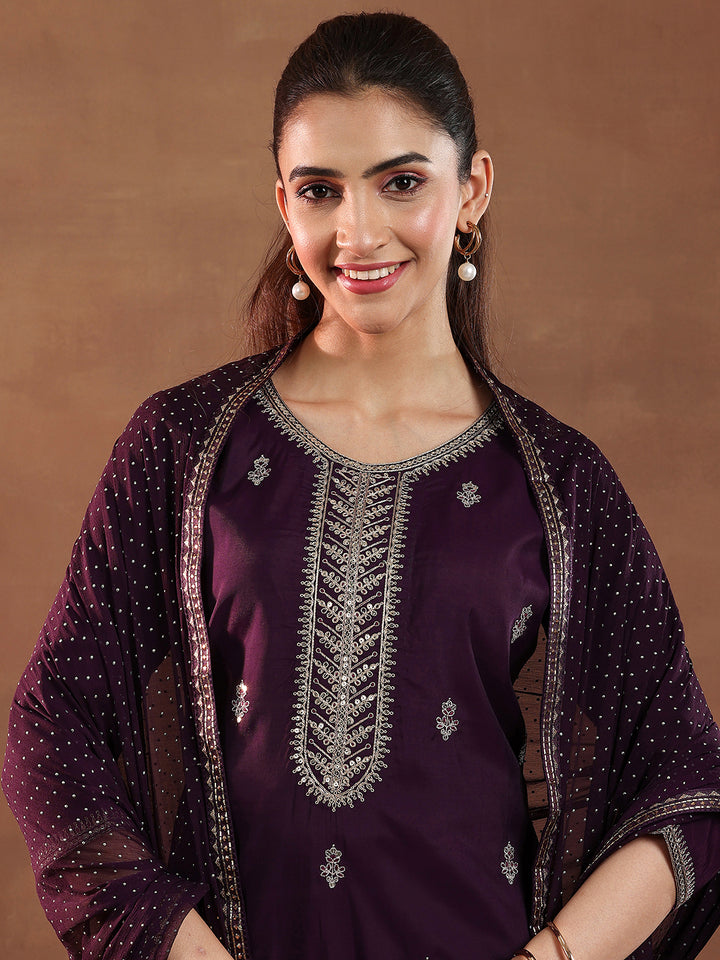 Wine Embroidered Silk Blend Straight Set