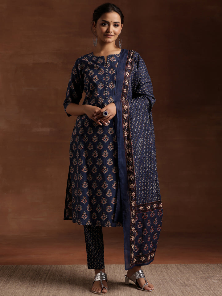 Blue Printed Cotton Straight Suit Set