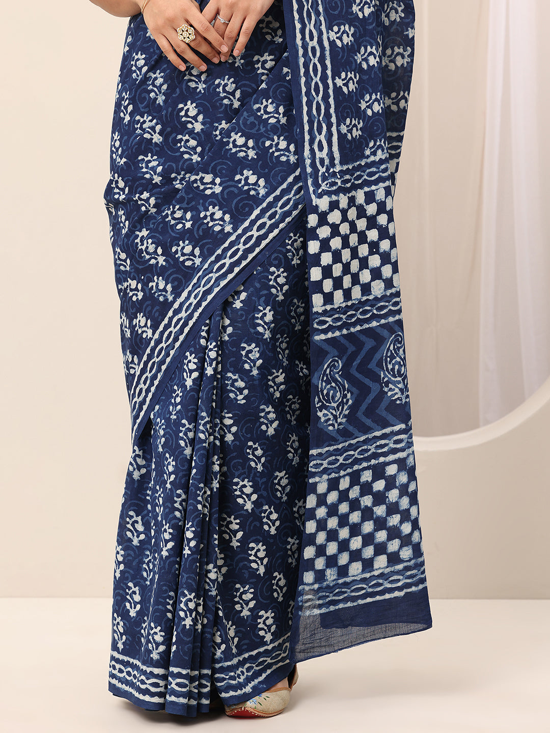 indigo printed cotton saree
