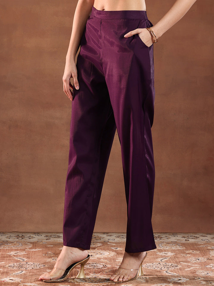 Wine Embroidered Silk Blend Straight Set