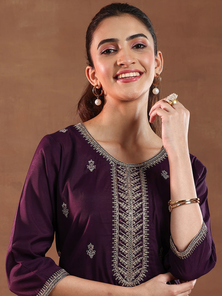 Wine Embroidered Silk Blend Straight Set