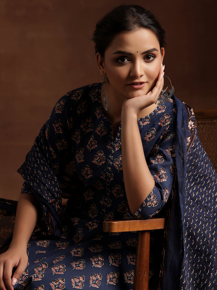 Blue Printed Cotton Straight Suit Set