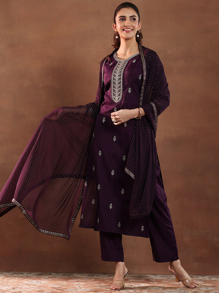 Wine Embroidered Silk Blend Straight Set