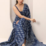 indigo printed cotton saree