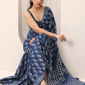 Home indigo printed cotton saree