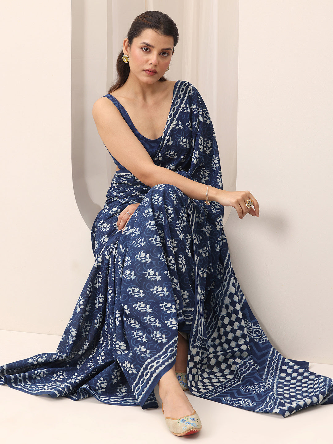 indigo printed cotton saree
