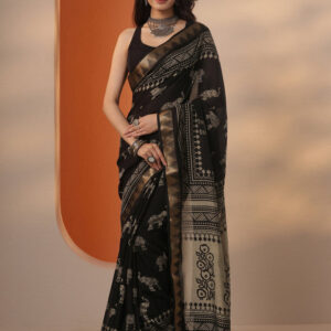 black printed silk blend saree