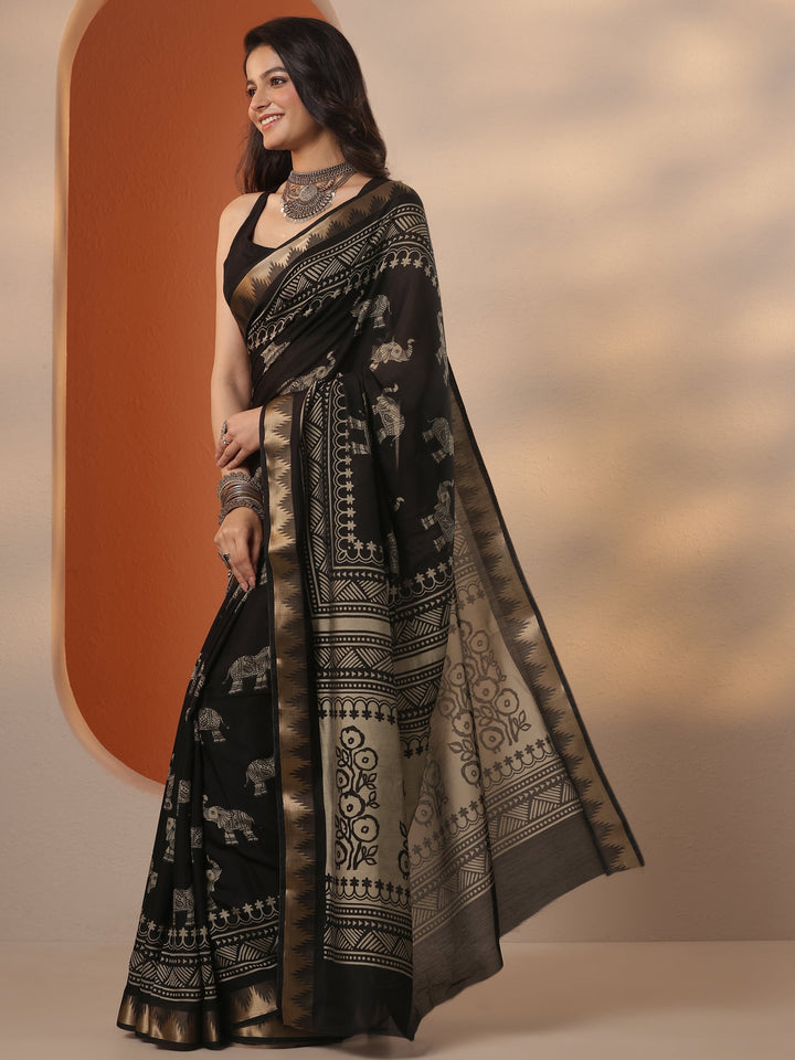 black printed silk blend saree