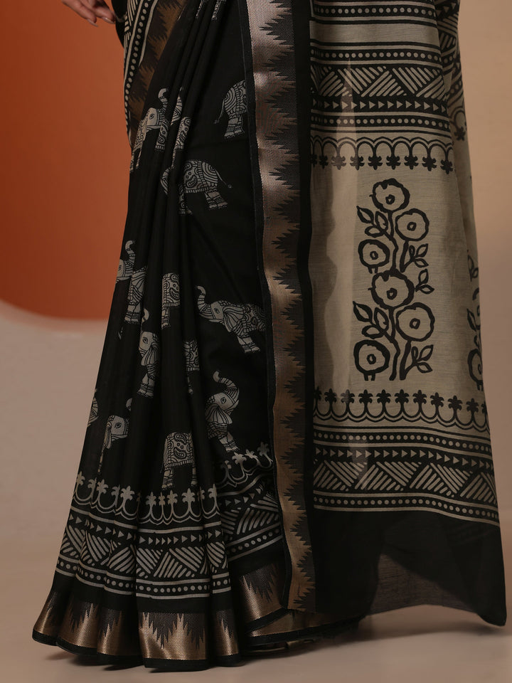 black printed silk blend saree