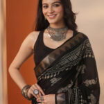 black printed silk blend saree