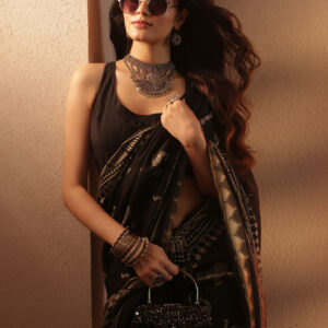 Home black printed silk blend saree