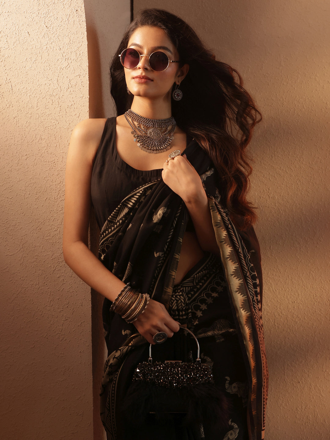 black printed silk blend saree