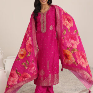 New Arrivals Pink Woven Design Silk Blend Straight Set