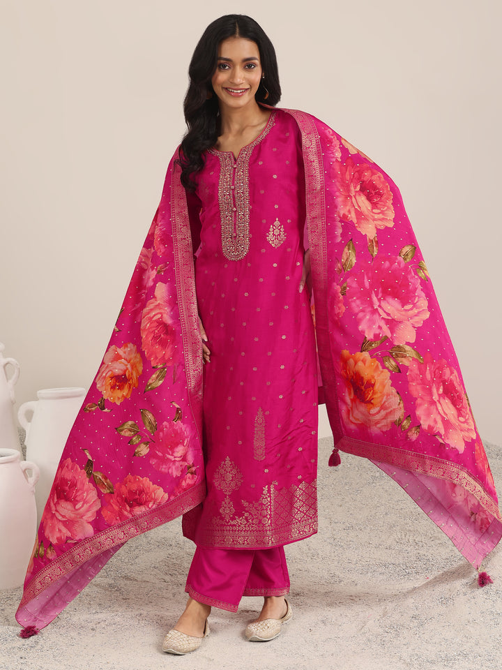 Pink Woven Design Silk Blend Straight Set