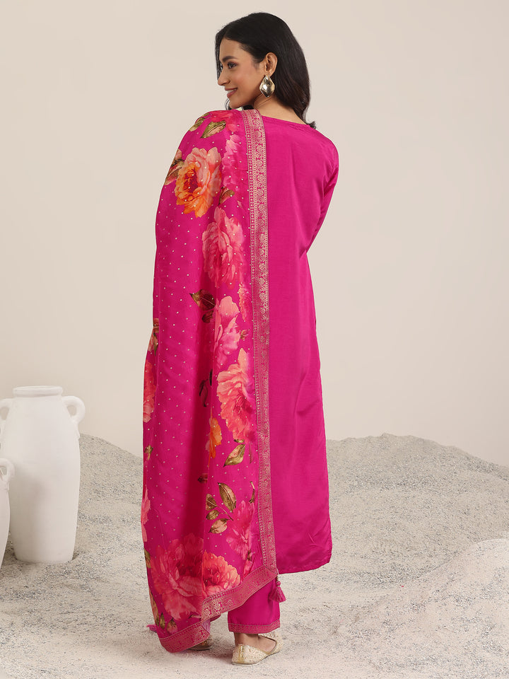Pink Woven Design Silk Blend Straight Set
