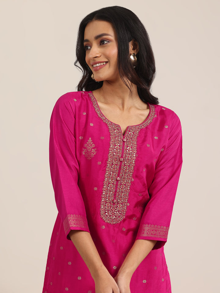 Pink Woven Design Silk Blend Straight Set