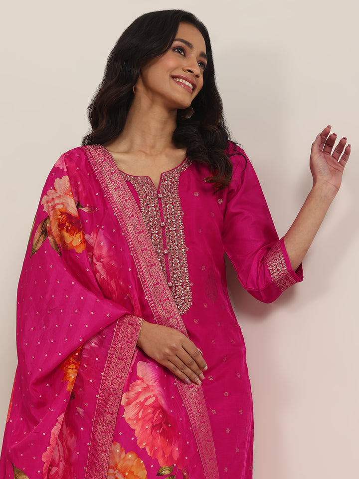 Pink Woven Design Silk Blend Straight Set