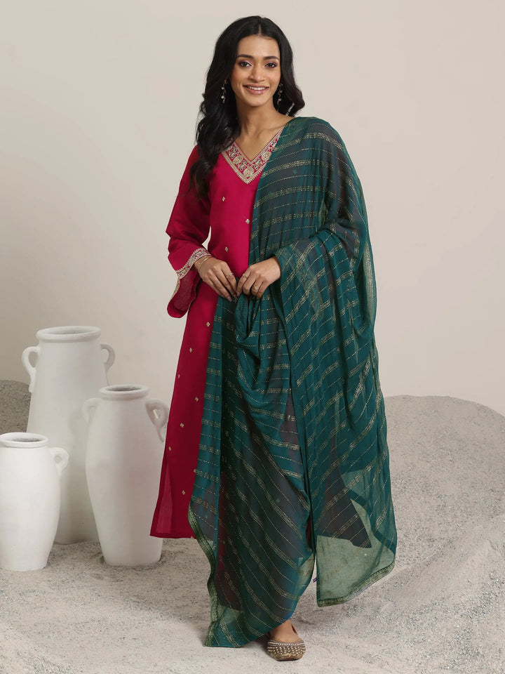 red embroidered silk blend straight suit set