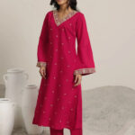 red embroidered silk blend straight suit set