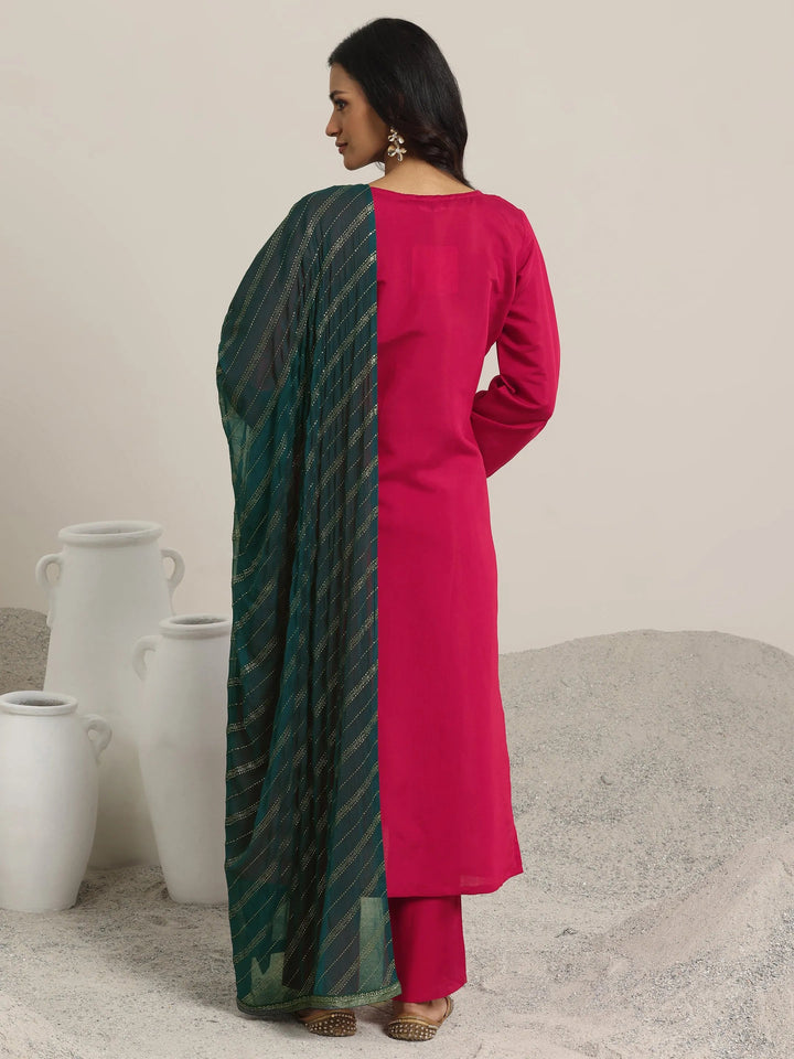 red embroidered silk blend straight suit set