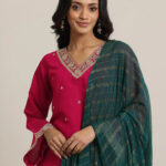 red embroidered silk blend straight suit set