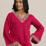 red embroidered silk blend straight suit set