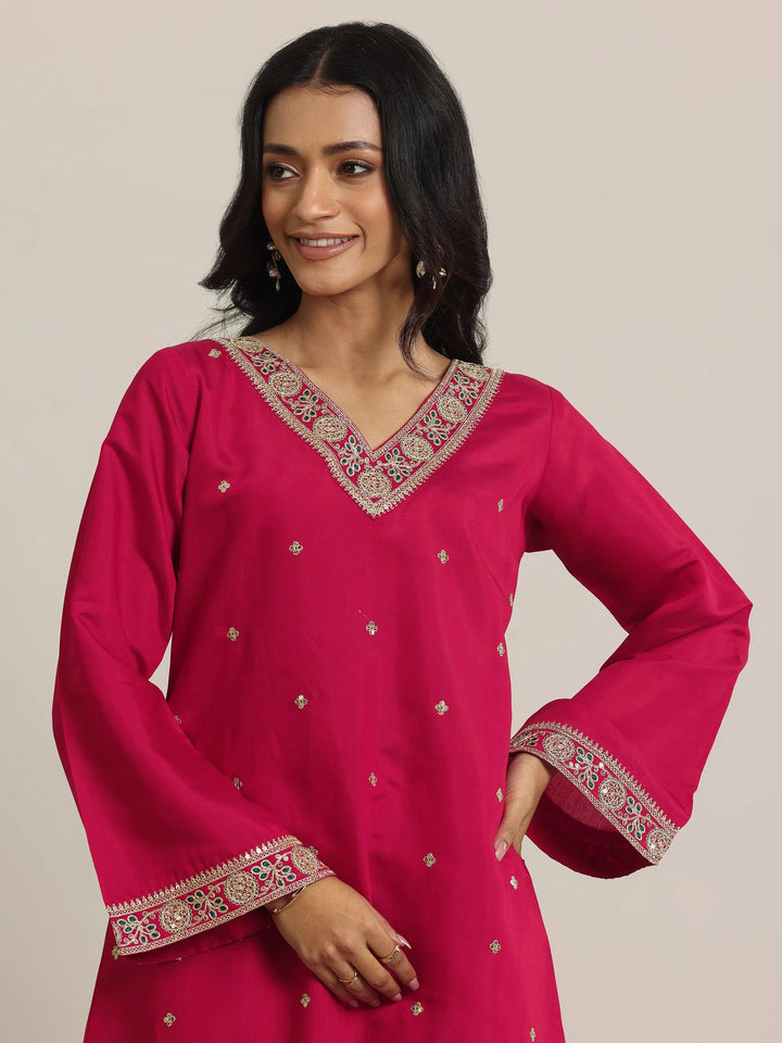 red embroidered silk blend straight suit set