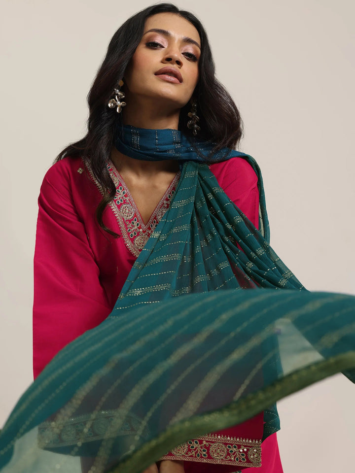 red embroidered silk blend straight suit set