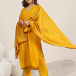 mustard yoke design silk blend straight set