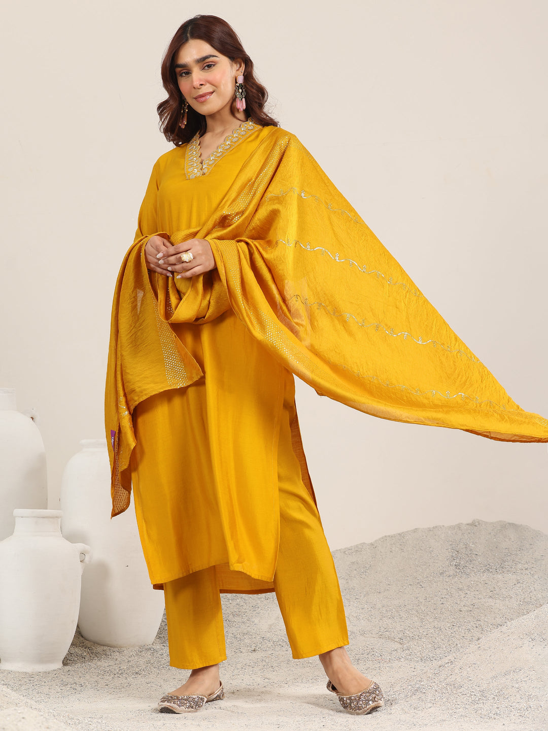 mustard yoke design silk blend straight set