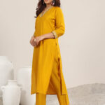 mustard yoke design silk blend straight set