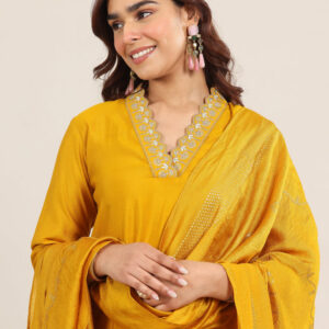 New Arrivals mustard yoke design silk blend straight set