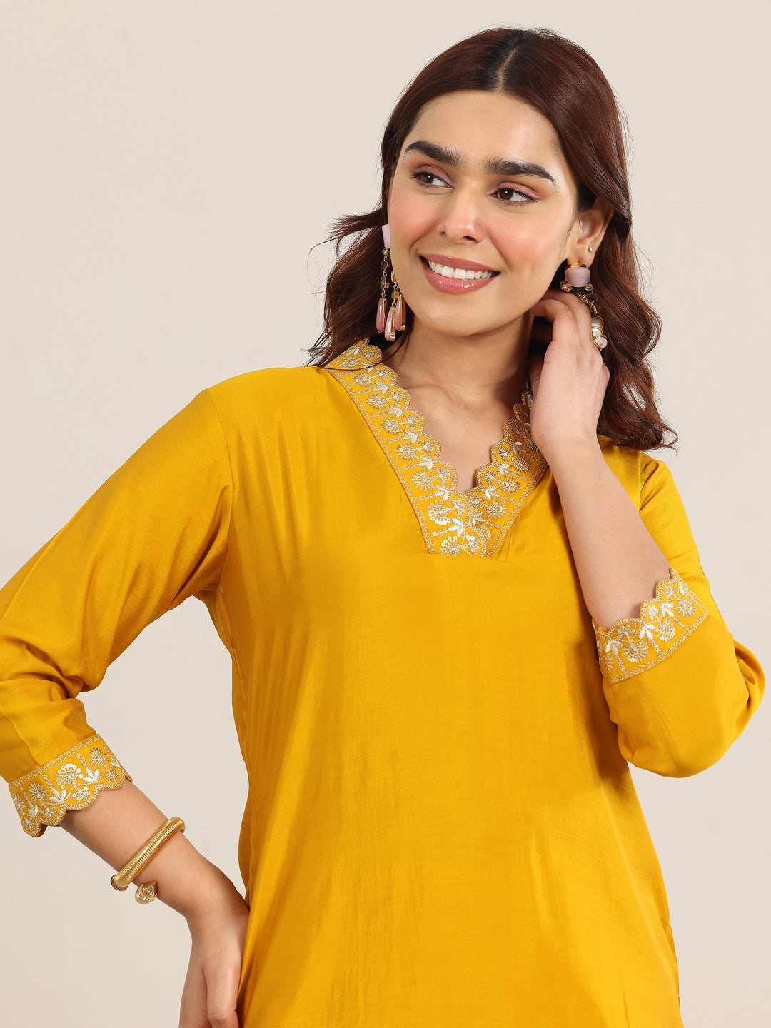 mustard yoke design silk blend straight set