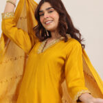 mustard yoke design silk blend straight set