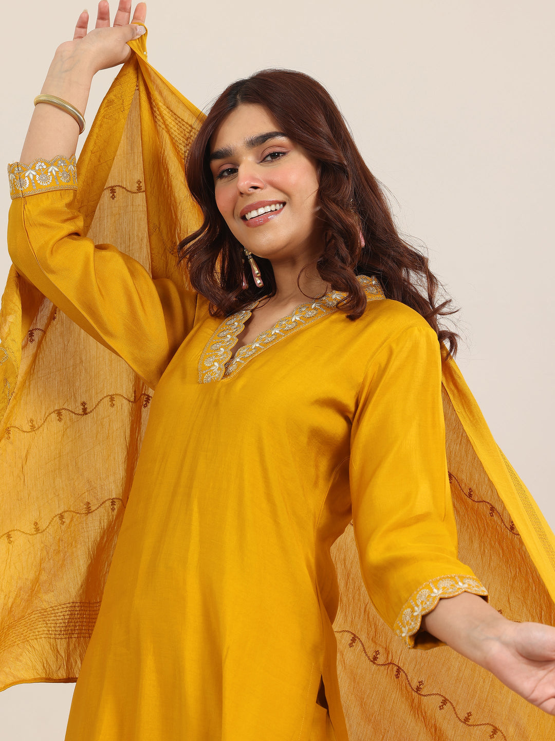 mustard yoke design silk blend straight set
