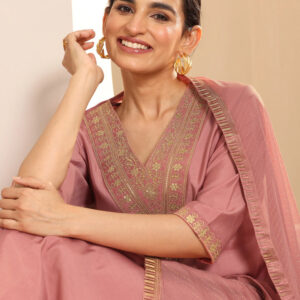 New Arrivals Peach Self Design Silk Blend Straight Set