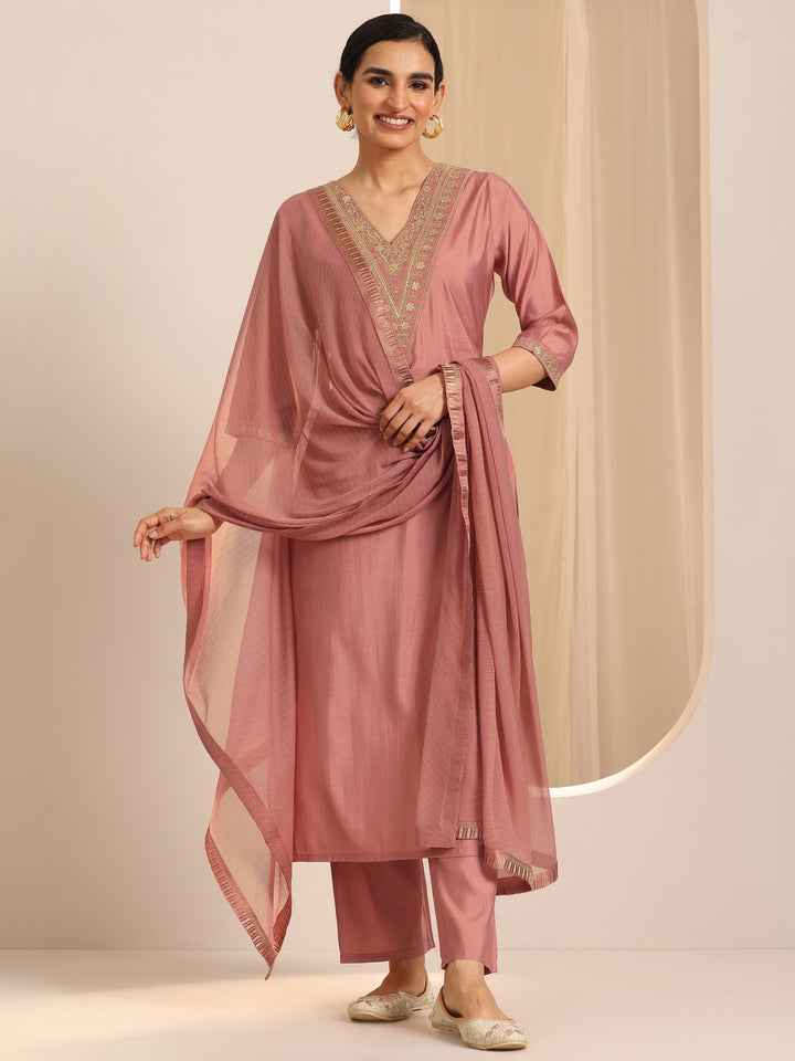Peach Self Design Silk Blend Straight Set