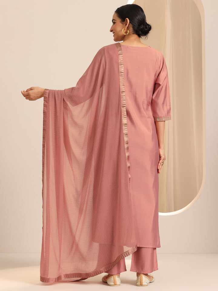 Peach Self Design Silk Blend Straight Set