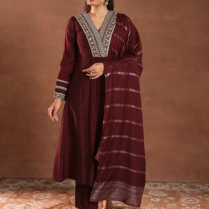 New Arrivals maroon embroidered silk blend a line suit set