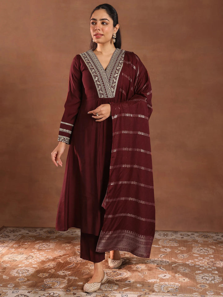 maroon embroidered silk blend a line suit set