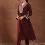 maroon embroidered silk blend a line suit set