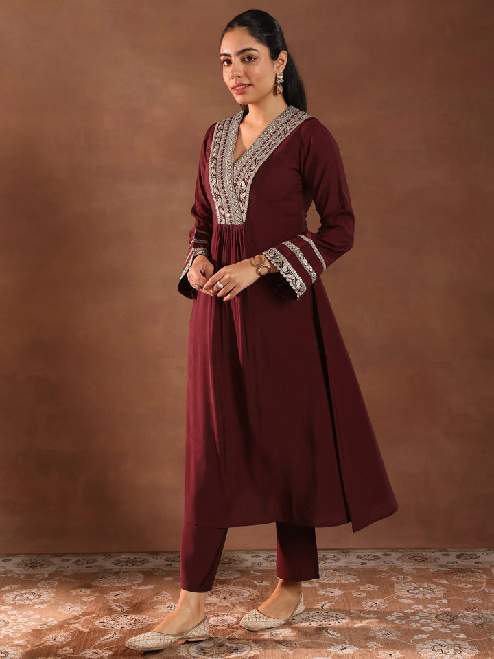 maroon embroidered silk blend a line suit set