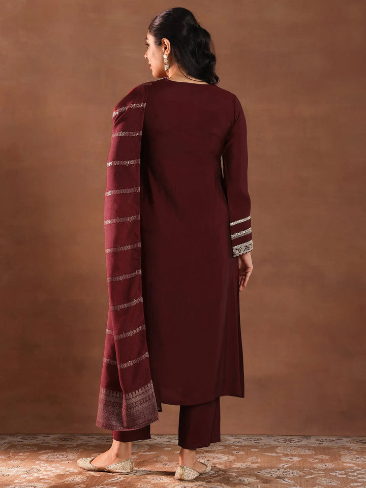 maroon embroidered silk blend a line suit set