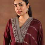 maroon embroidered silk blend a line suit set