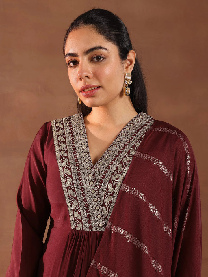 maroon embroidered silk blend a line suit set