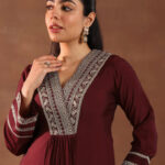 maroon embroidered silk blend a line suit set
