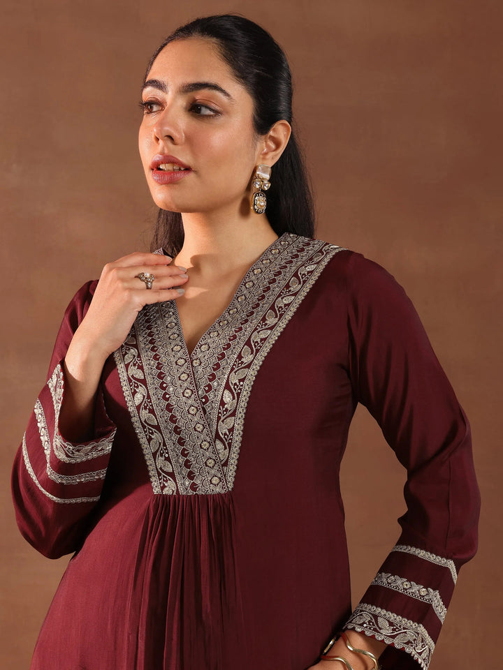maroon embroidered silk blend a line suit set