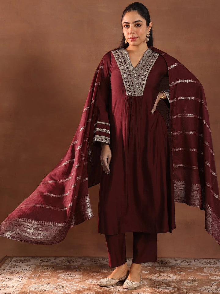 maroon embroidered silk blend a line suit set