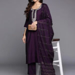 purple embroidered silk blend straight set